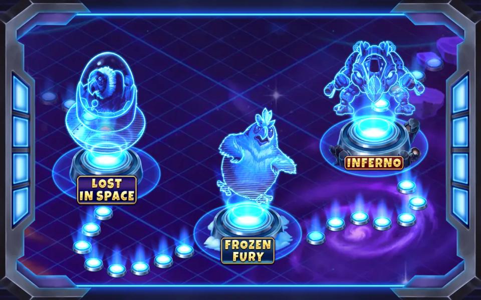 Pirots 4 stage lobby offering Lost In Space, Frozen Fury and Inferno as three selectable holograms