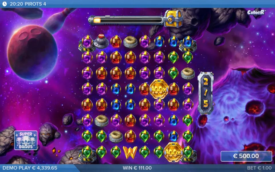 Pirots 4 super bonus on the maximum 8x8 grid packed with upgraded gems and 100x coins