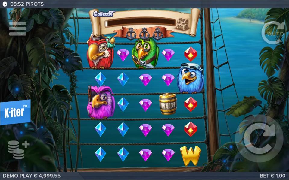 Pirots dead round on the 5x5 grid: four parrots with no gem of a matching colour next to any of them