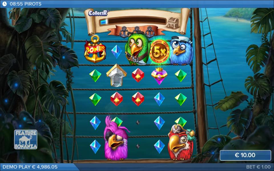 Pirots board after a feature award, showing a gold BONUS anchor, a 5x coin, a white upgrade symbol and a rainbow upgrade gem, with one purple gem crowned at a higher win level