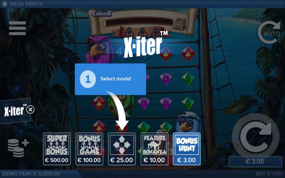 Pirots X-iter buy menu with five products priced at 3, 10, 25, 100 and 500 times the bet