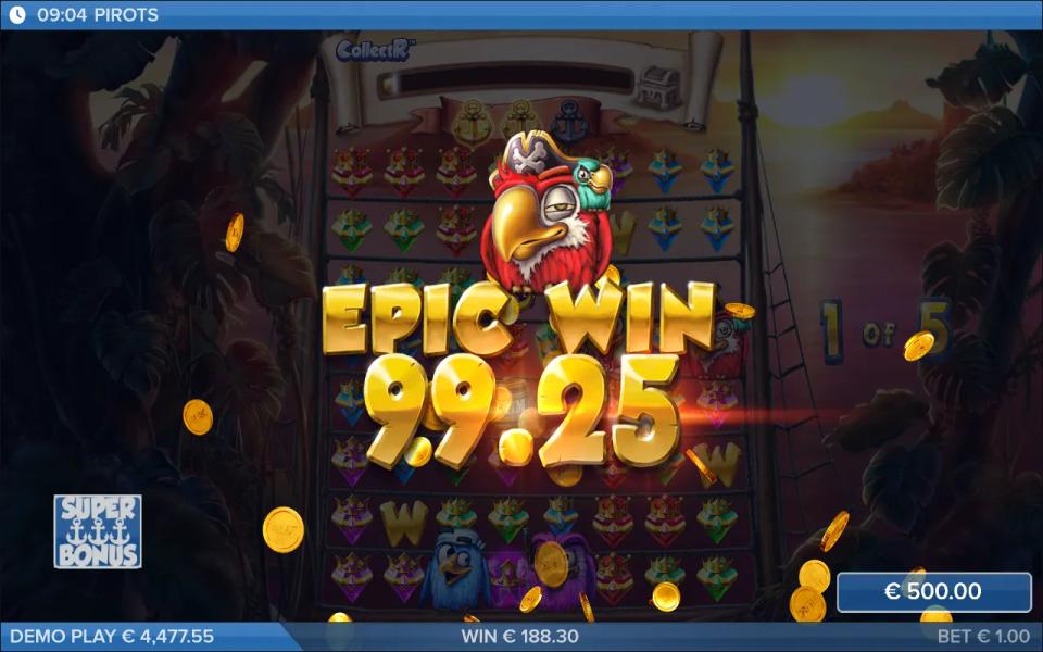 Pirots Super Bonus running on the full 8x8 grid with every gem crowned and a win counter climbing