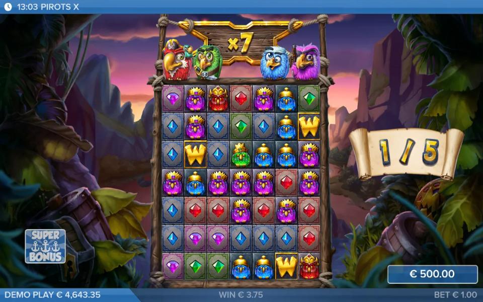 Pirots X Super Bonus on the full 7x7 grid with wilds dropping in, the four parrot birds above the board and the global multiplier sign at x7
