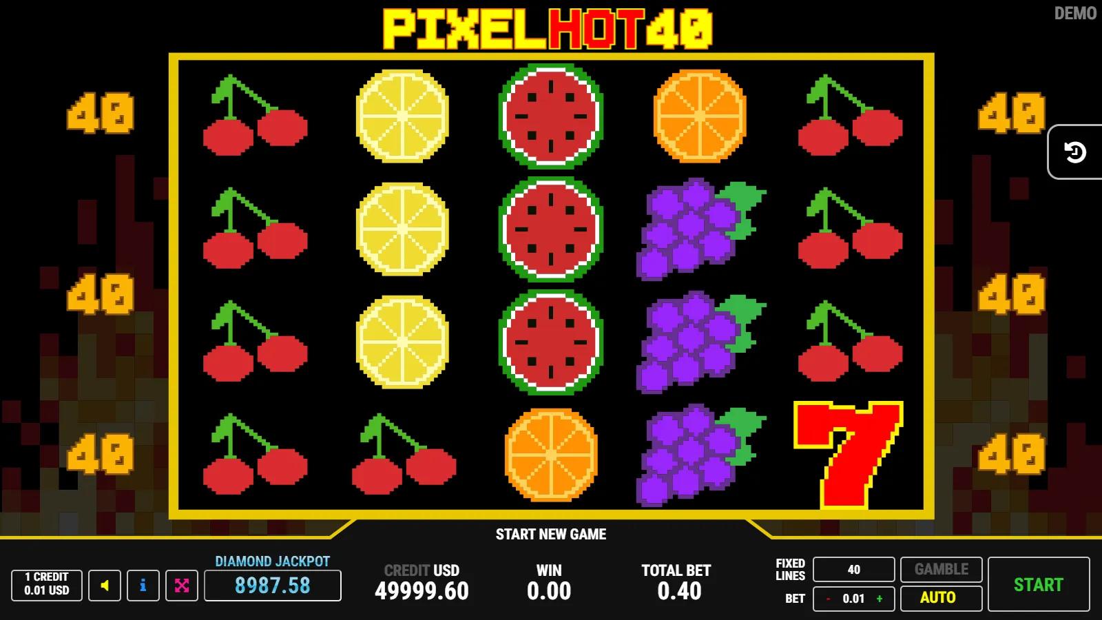 Pixel Hot 40 slot gameplay showing 5x4 8-bit pixel fruit grid with red 7s, grapes, watermelon, cherries and 40 paylines