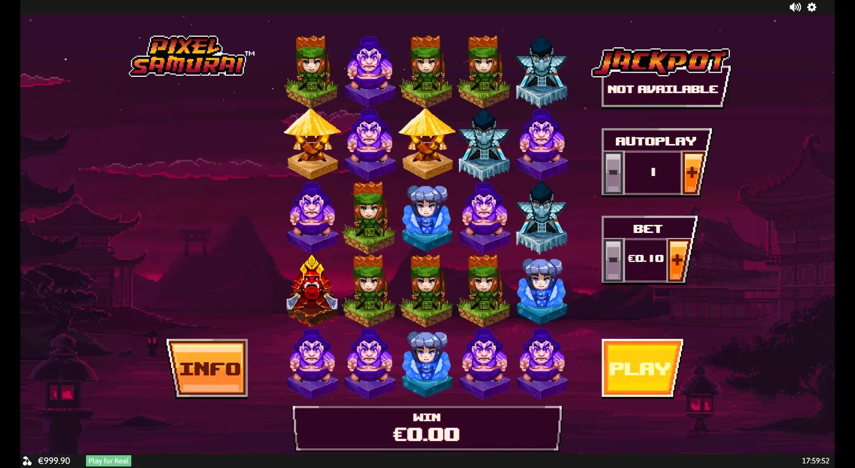 Pixel Samurai gameplay showing a 5x5 pixel-art grid of chibi samurai warriors against a feudal Japan backdrop