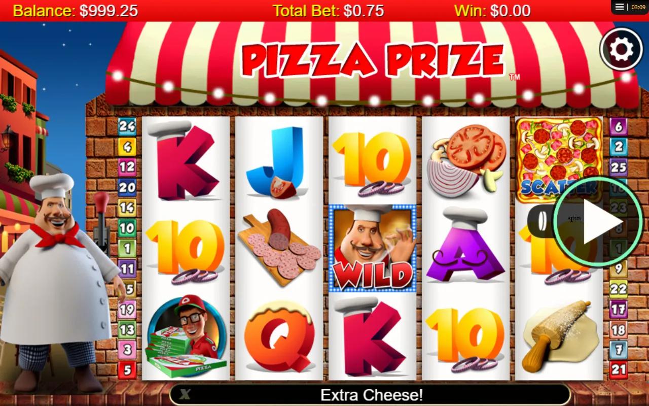 Pizza Prize slot gameplay showing 5x3 grid with TONY chef Wild on reel 3 and Scattered PIZZA on reel 5
