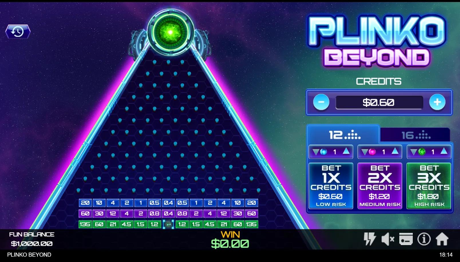 Plinko Beyond gameplay showing neon triangular peg board, three risk-tier multiplier rows and an Energy Core drop point