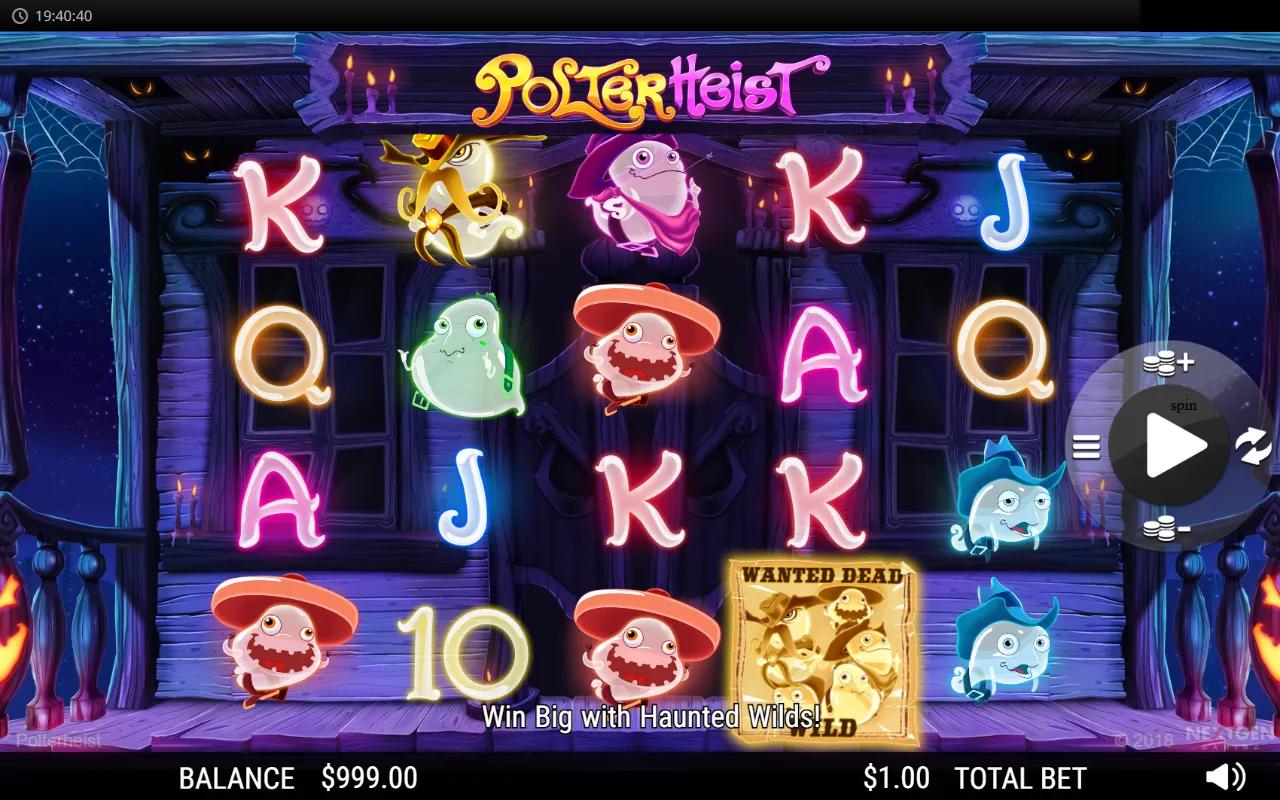 Polterheist slot gameplay showing 5x4 grid with ghost characters and Wanted Dead Wild poster on the reels