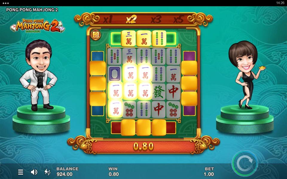 Pong Pong Mahjong 2 base game: a 5x4 board of mahjong tiles mid-cascade, One Character tiles lit in a winning way, the top side panel showing three revealed tiles and the multiplier trail on x2