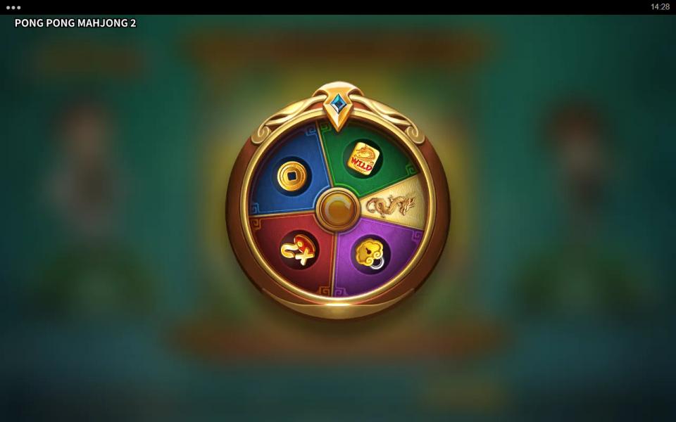 The pre-bonus wheel of Pong Pong Mahjong 2 with five cells: a coin, a Wild tile, a gold dragon, a lock and a multiplier
