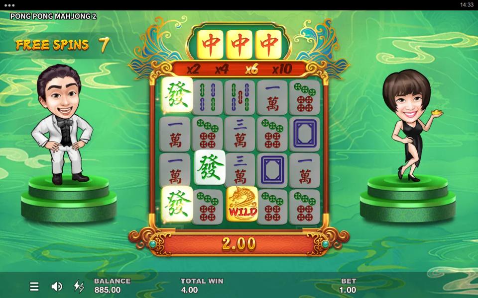 A free spin in Pong Pong Mahjong 2 with three Red Dragons revealed in the top panel and a Red Dragon tile on the reels turned into a golden Wild