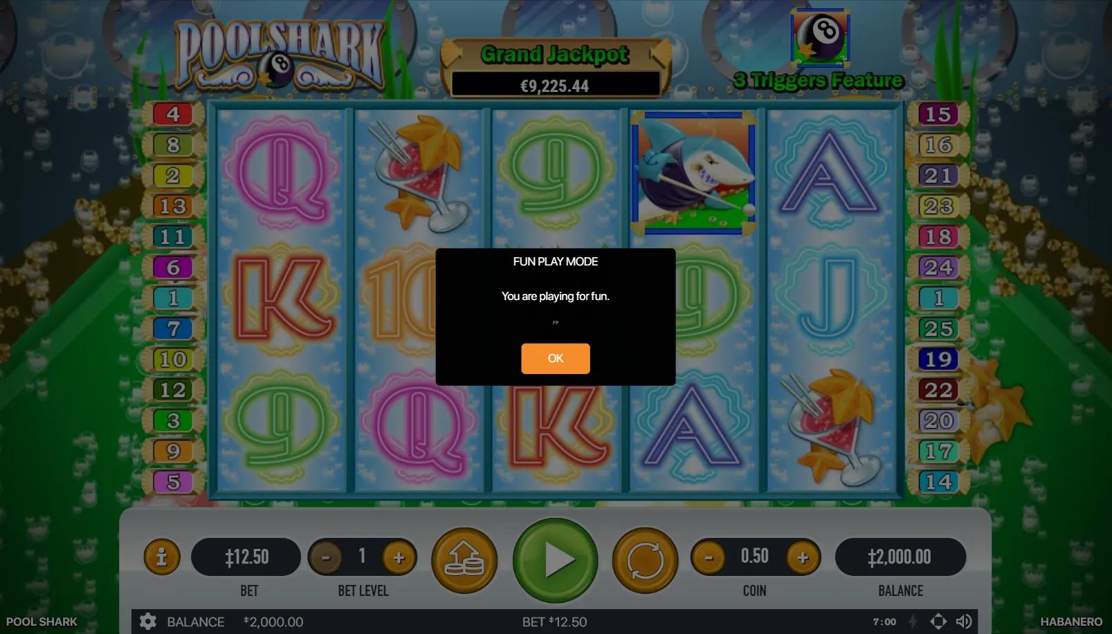 Pool Shark slot gameplay showing 5x3 grid with cartoon shark, billiard balls, pool cue, crab and lobster symbols on underwater billiards-hall backdrop