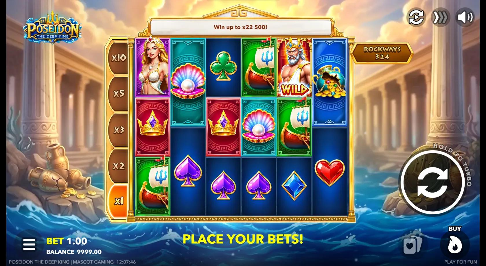 Poseidon the Deep King slot gameplay showing 6x7 Rockways grid with Poseidon Wild and cascading symbols