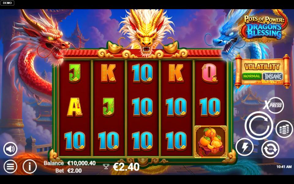 Pots of Power Dragon's Blessing 5x3 base game with a blue dragon Bonus symbol on the first reel, painted tiles of tangerines, jade and money bags across the grid, and no winning payline