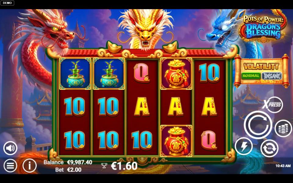 Pots of Power Dragon's Blessing 5x3 base game settled with no matching combination across its twenty-five paylines