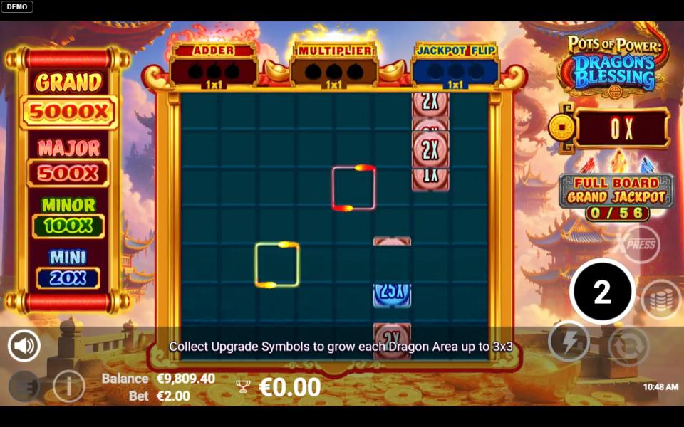 Pots of Power Dragon's Blessing bonus board at the start: 56 empty cells, a jackpot ladder reading GRAND 5000X, MAJOR 500X, MINOR 100X and MINI 20X, and all three Dragon Areas at one cell