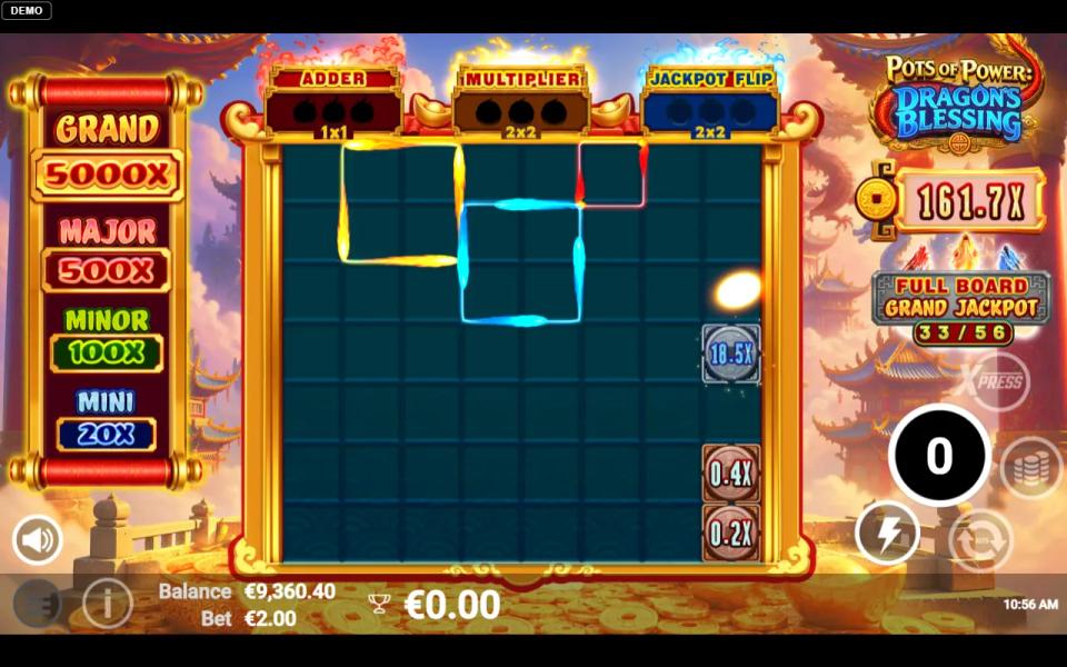 Pots of Power Dragon's Blessing bonus with the multiplier and jackpot frames grown to two by two cells, a running total of 161.7x and the board filled to 33 of 56
