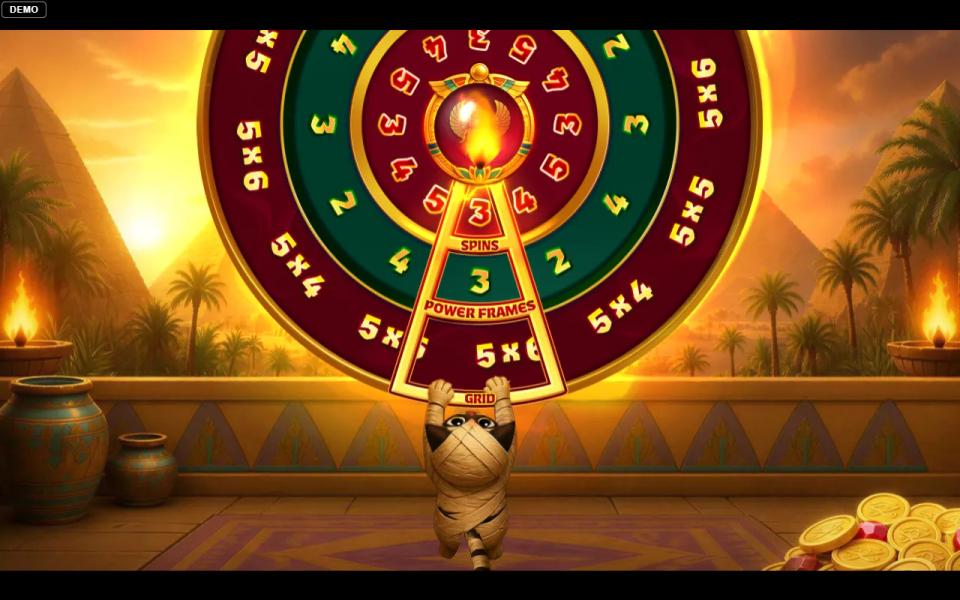Three disc bonus wheel mid spin showing respin counts, Power Frame counts and grid sizes