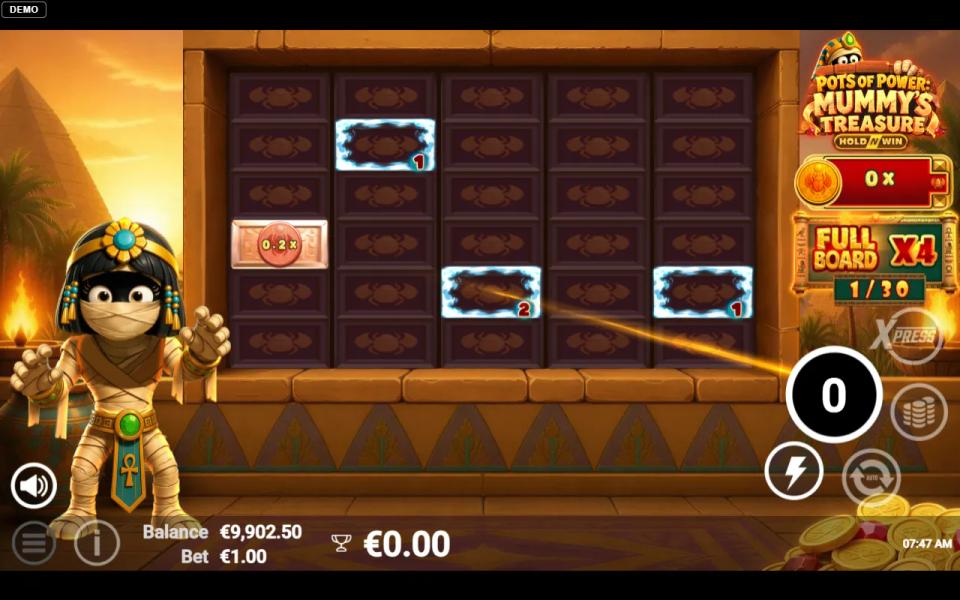 Hold and win board with three electrified Power Frames on empty cells and no respins left