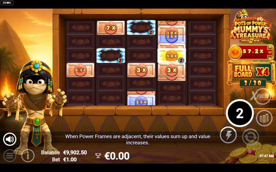 Hold and win board where a Power Frame sits on a coin to add its value, beside the full board multiplier badge