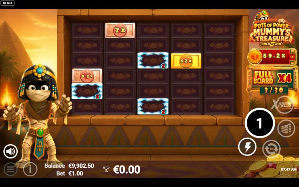 Hold and win board on the largest grid showing the full board multiplier badge and a fill counter of three out of thirty