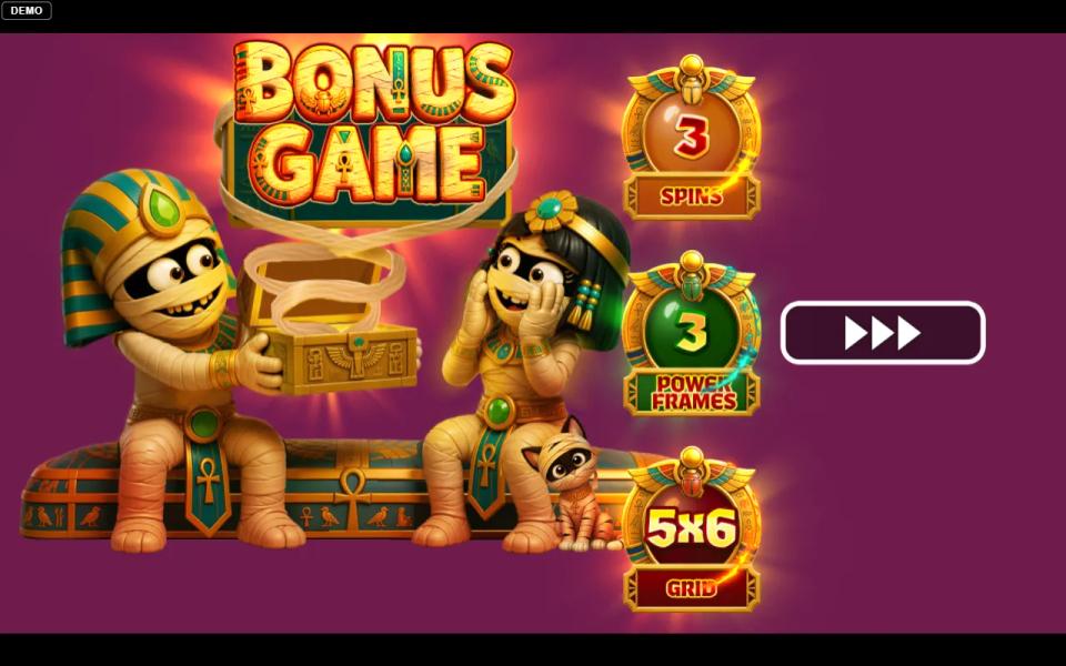 Bonus setup card showing three spins, three Power Frames and a five by six grid