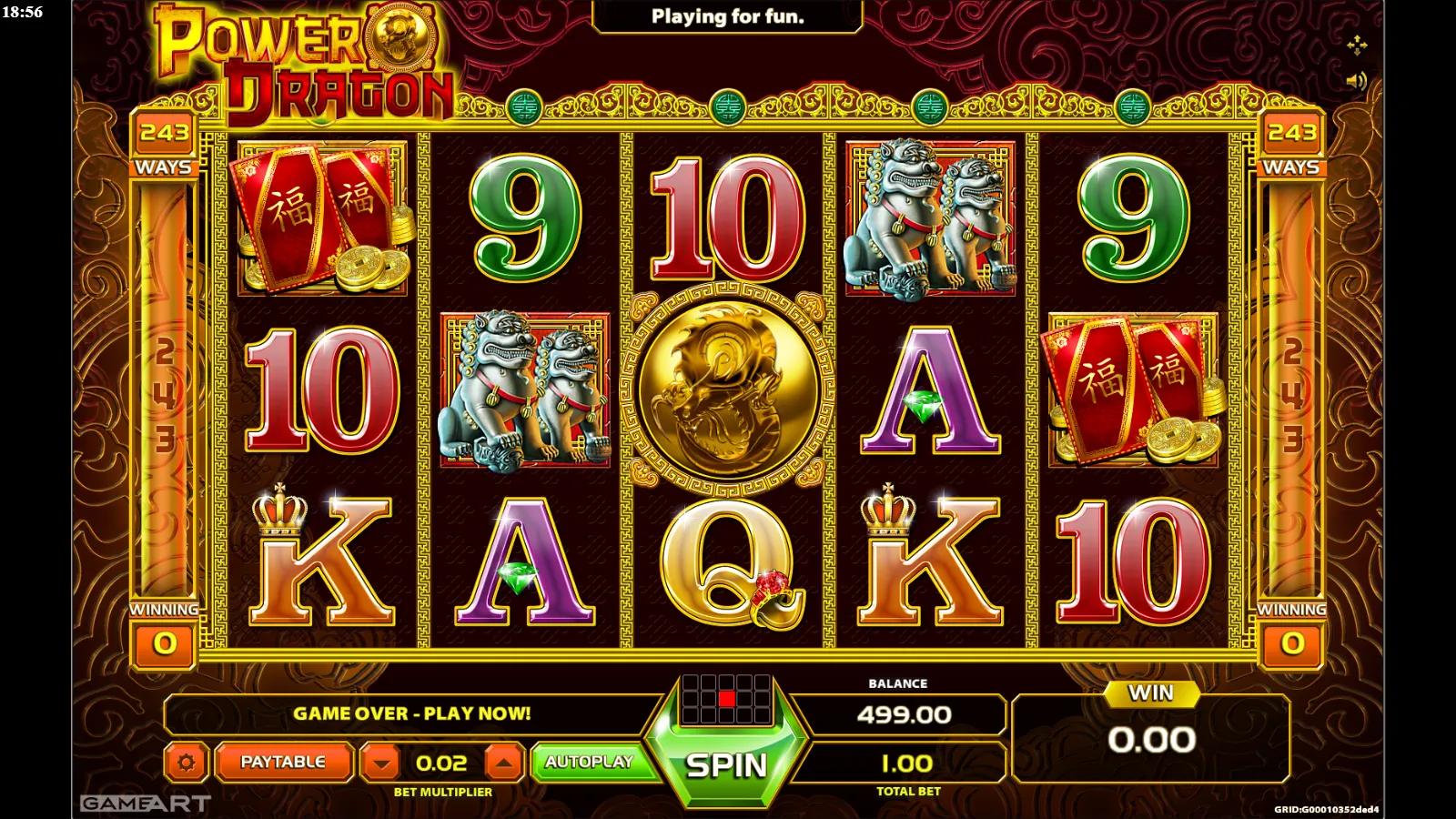 Power Dragon slot gameplay showing the 5x3 Chinese-temple grid with dragon statues, coloured dragons, gold coins and card royal symbols across 243 ways
