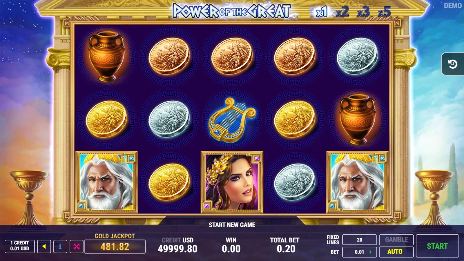 Power of the Great slot gameplay showing 5x3 Greek-temple grid with Zeus, lightning wild, temple bonus, coins and 20 paylines