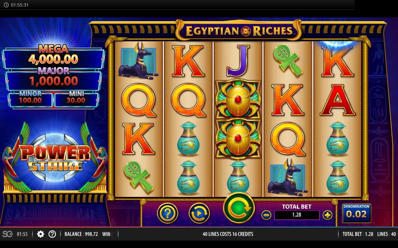 Power Strike Egyptian Riches 5x4 grid framed by a sandstone temple arch, jackpot tiers visible.