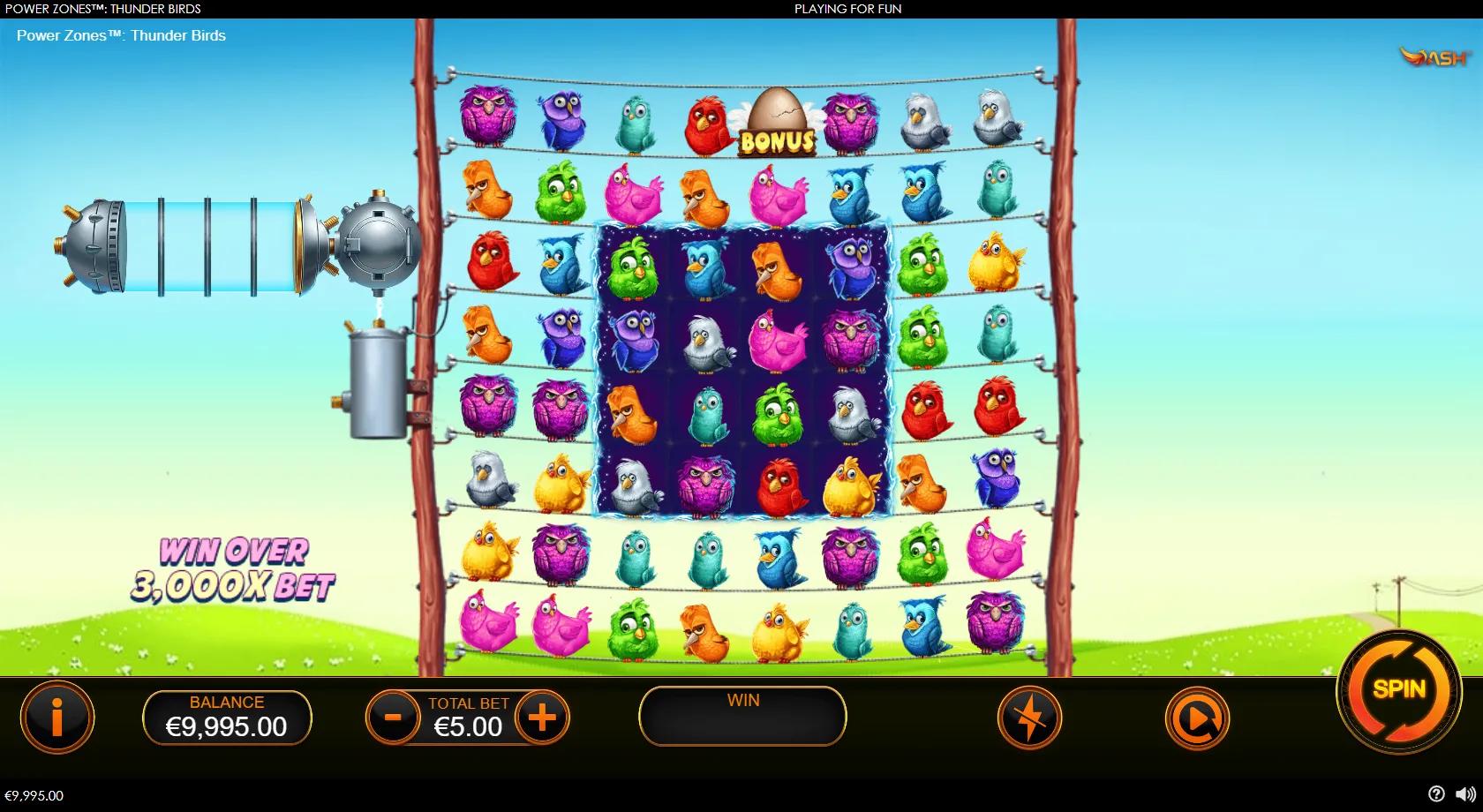 Power Zones Thunder Birds slot: 8x8 cluster grid of cartoon birds on power lines with a glowing central Power Zone
