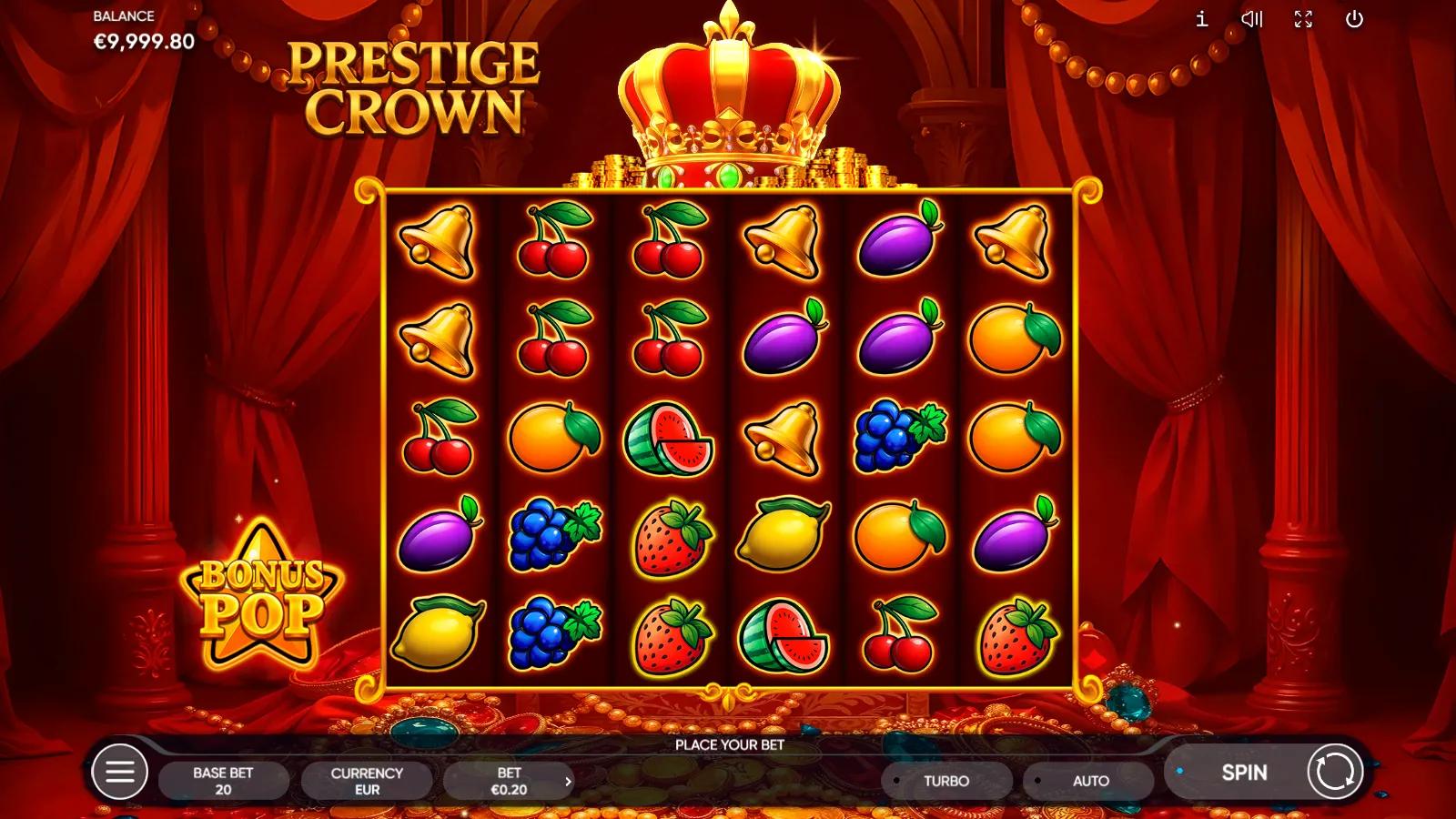 Prestige Crown gameplay showing 6x5 cascading fruit grid with grapes, cherries and bells beneath a jewelled royal crown
