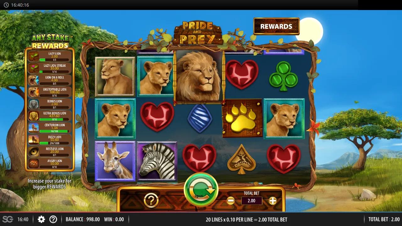 Pride and Prey slot gameplay showing 5x3 savanna grid with Wild symbols, lioness and paw symbols