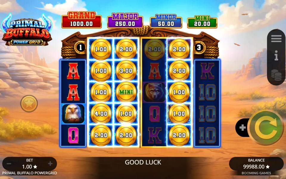 Left PowerGrid holding a MINI prize pot coin and eight other coin values, its hold counter down to one spin
