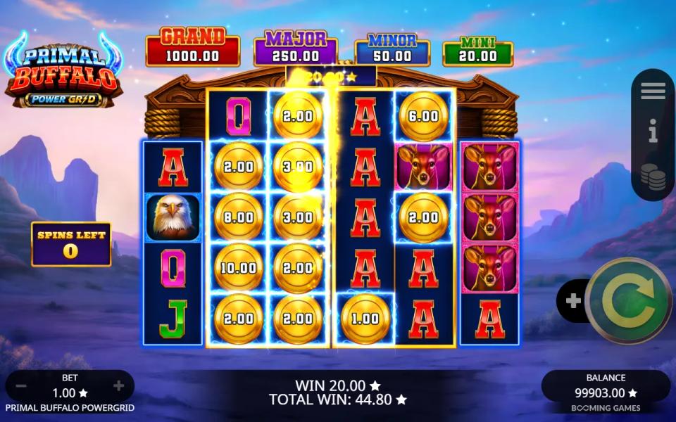 Final free spin with both PowerGrids full of coins and every one of them paying out, 43x the stake