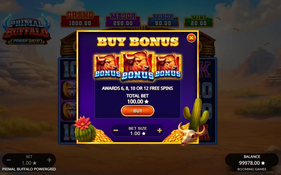 Buy Bonus panel offering 6, 8, 10 or 12 free spins for 100.00 at a 1.00 bet