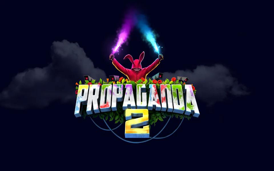 Propaganda 2 title card with the game logo over a dark sky and a figure releasing coloured smoke