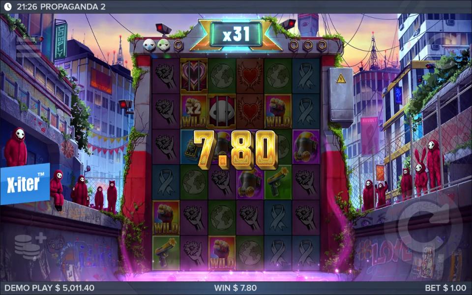 Propaganda 2 grid paying $7.80 with four wild symbols including an x2 multiplier wild, the global multiplier at x31