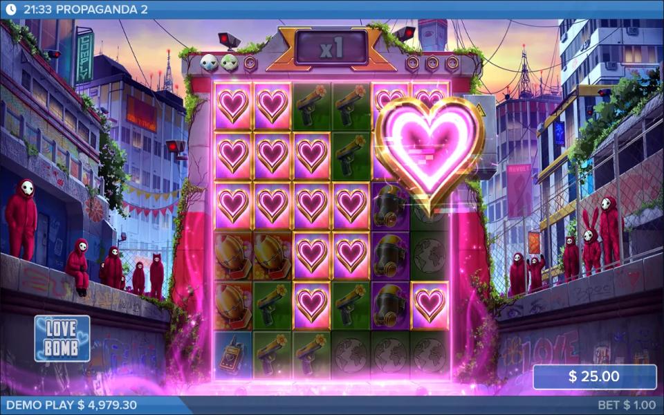 Propaganda 2 grid filling with heart symbols as the Heart feature activates during a bought Love Bomb round