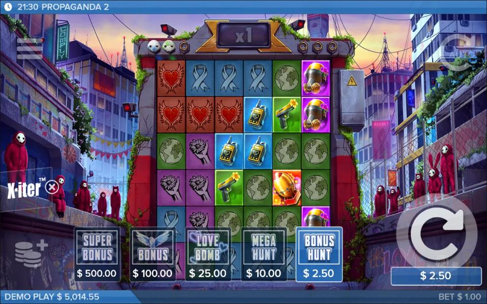Propaganda 2 X-iter buy menu showing five feature buys priced from $2.50 to $500.00 at a $1.00 bet