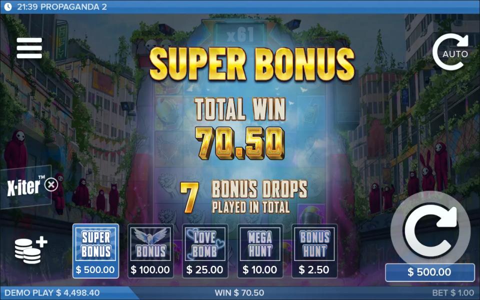 Propaganda 2 super bonus end card showing a total win of 70.50 after seven bonus drops bought for 500x the bet
