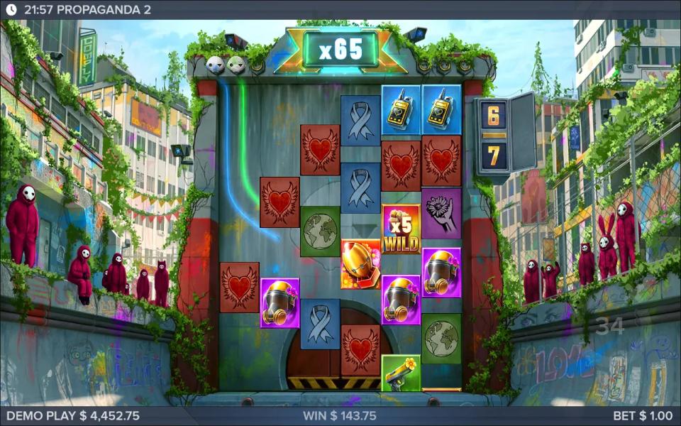 Propaganda 2 bonus drop with the global multiplier at x65 and an x5 multiplier wild on the 6x6 grid, the round at $143.75