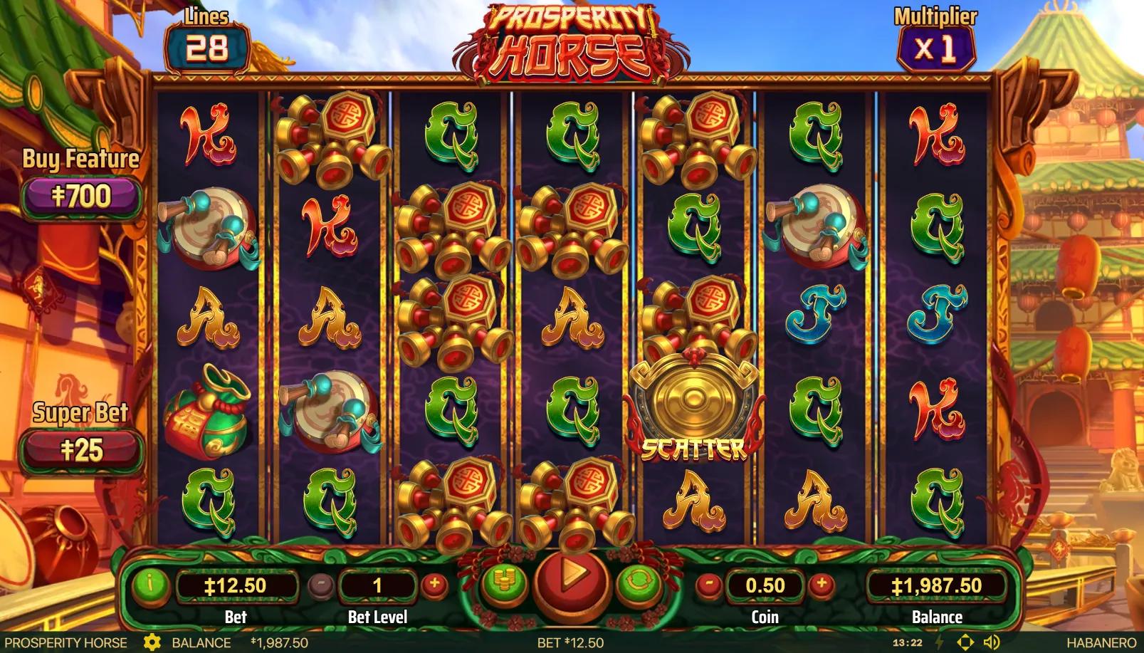 Prosperity Horse slot gameplay showing 7x5 grid with Chinese royals and gong scatter symbol on reel 5