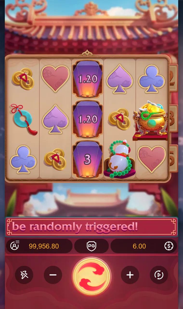 Prosperity Lanterns 5x3 base game with three lantern prize symbols stacked on reel 3 under a red temple gate, a spin that paid nothing