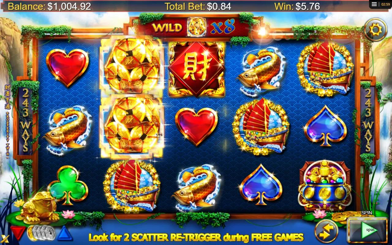 Prosperity Twin slot gameplay showing 5x3 grid with stacked WILD on reel 2 and x8 multiplier banner