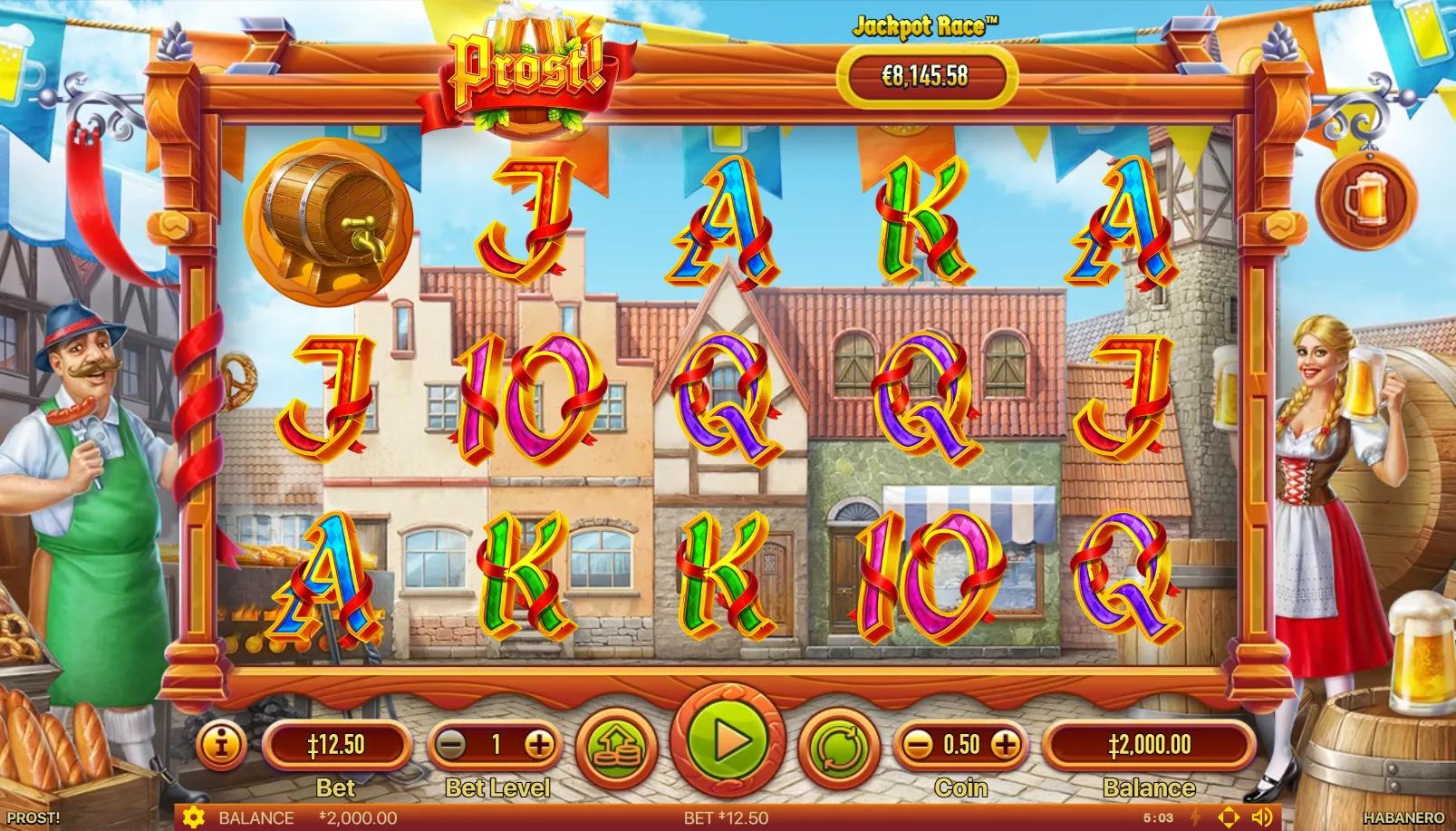 Prost! slot gameplay showing 5x3 grid with Hans, Heidi, beer steins, pretzels, bratwurst and Oktoberfest symbols on Bavarian beer-festival backdrop with character map panels