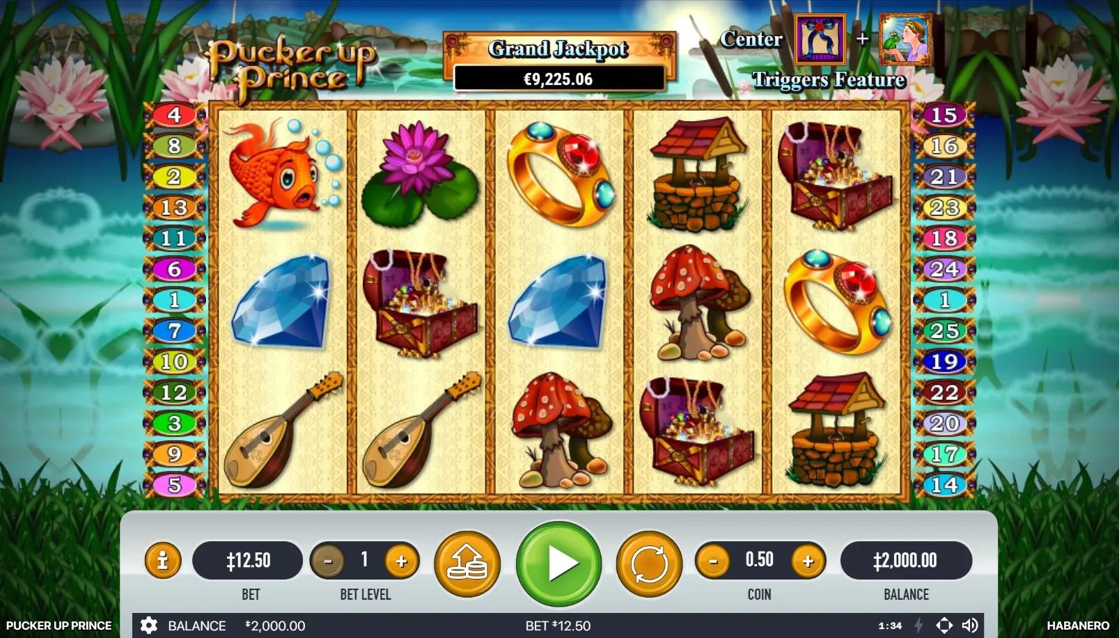 Pucker Up Prince slot gameplay showing 5x3 grid with princess kissing frog wild, crown scatter, frog prince characters on enchanted fairy tale forest backdrop