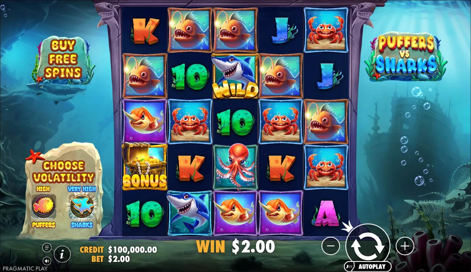 Pragmatic Play's Puffers vs Sharks slot - Animals theme, high volatility action