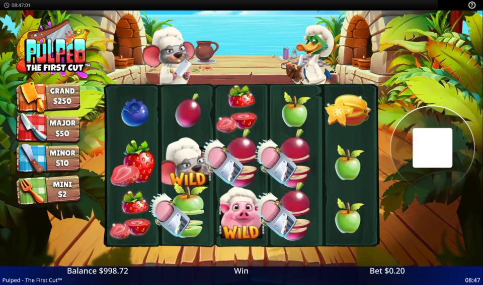 Pulped: The First Cut base game with two chef wild symbols on the 5x3 grid and neighbouring symbols cut into stacks