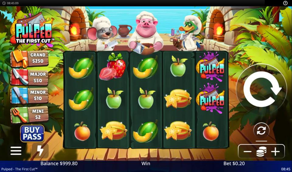 Pulped: The First Cut base game board with no win, showing the four jackpot values at a 0.20 stake