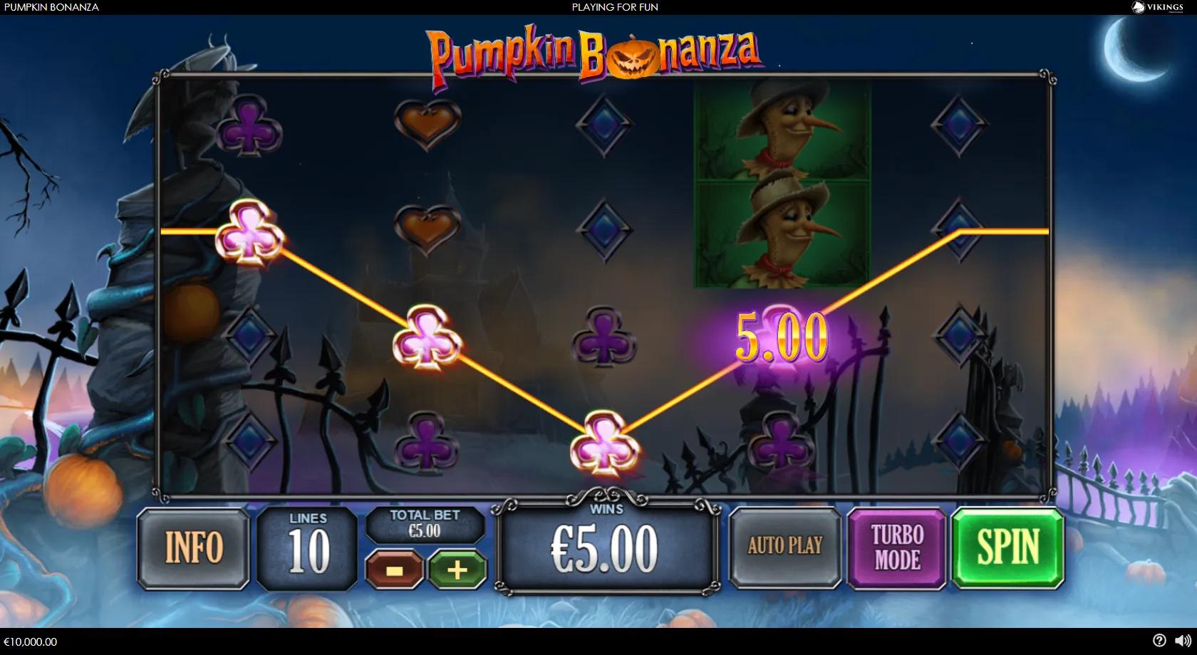 Pumpkin Bonanza 5x4 win-both-ways Halloween graveyard grid with the pumpkin wild, witch, scarecrow and card-suit gems